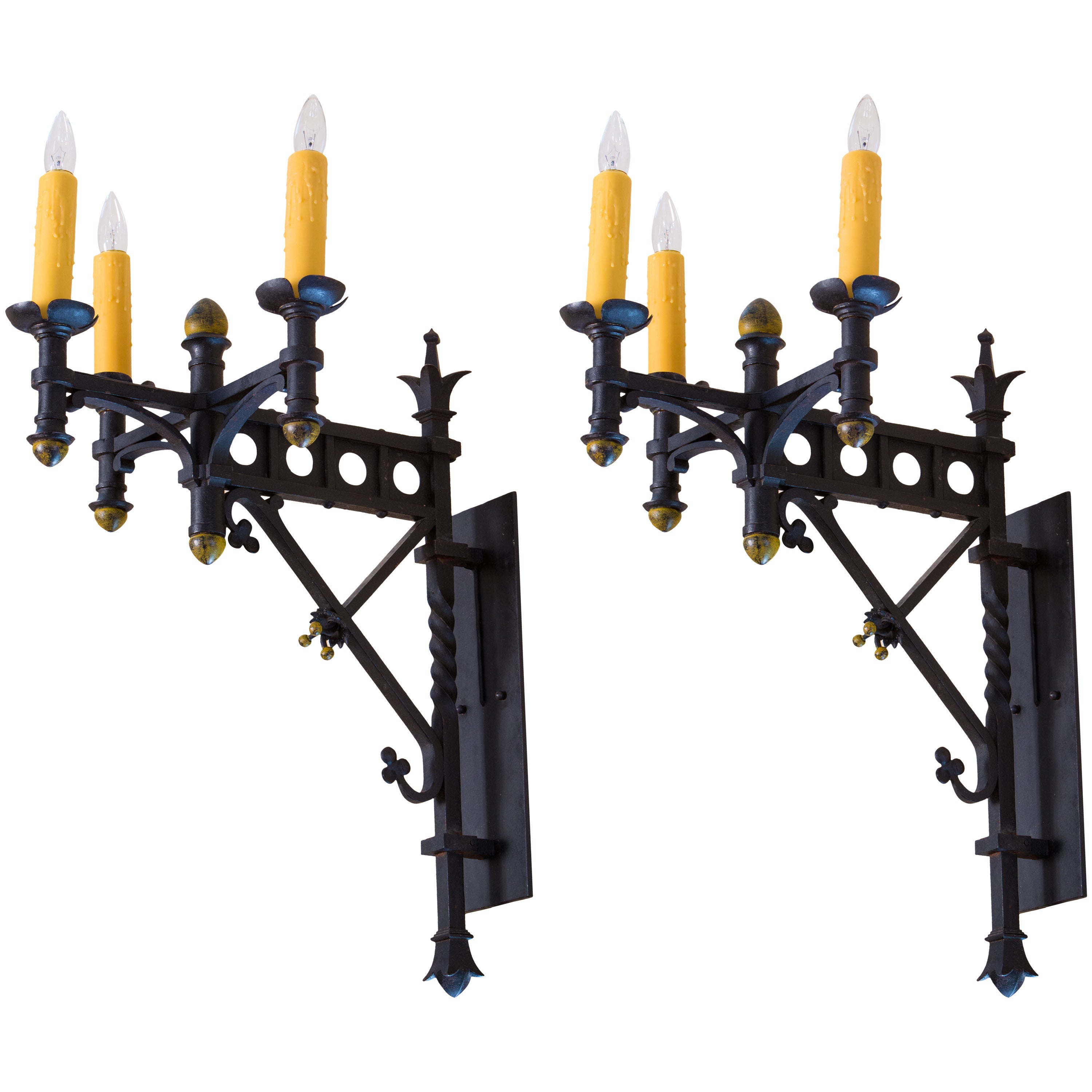 Pair Rare, Monumental Iron Neo-Gothic French Sconces, circa 1910