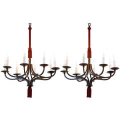 Pair of Vintage Spanish Hand-Forged Iron Chandeliers with Original Fringe Accent