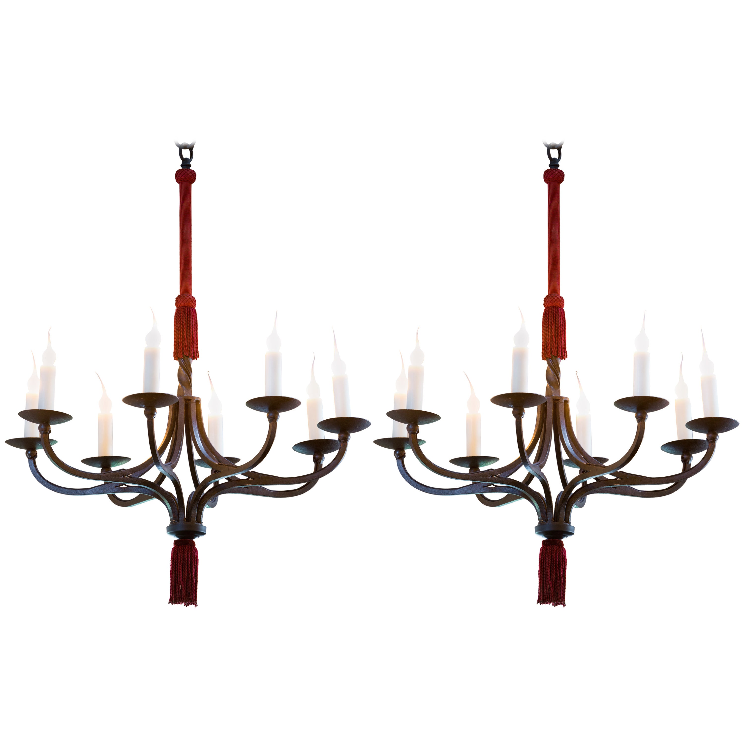 Pair of Vintage Spanish Hand-Forged Iron Chandeliers with Original Fringe Accent