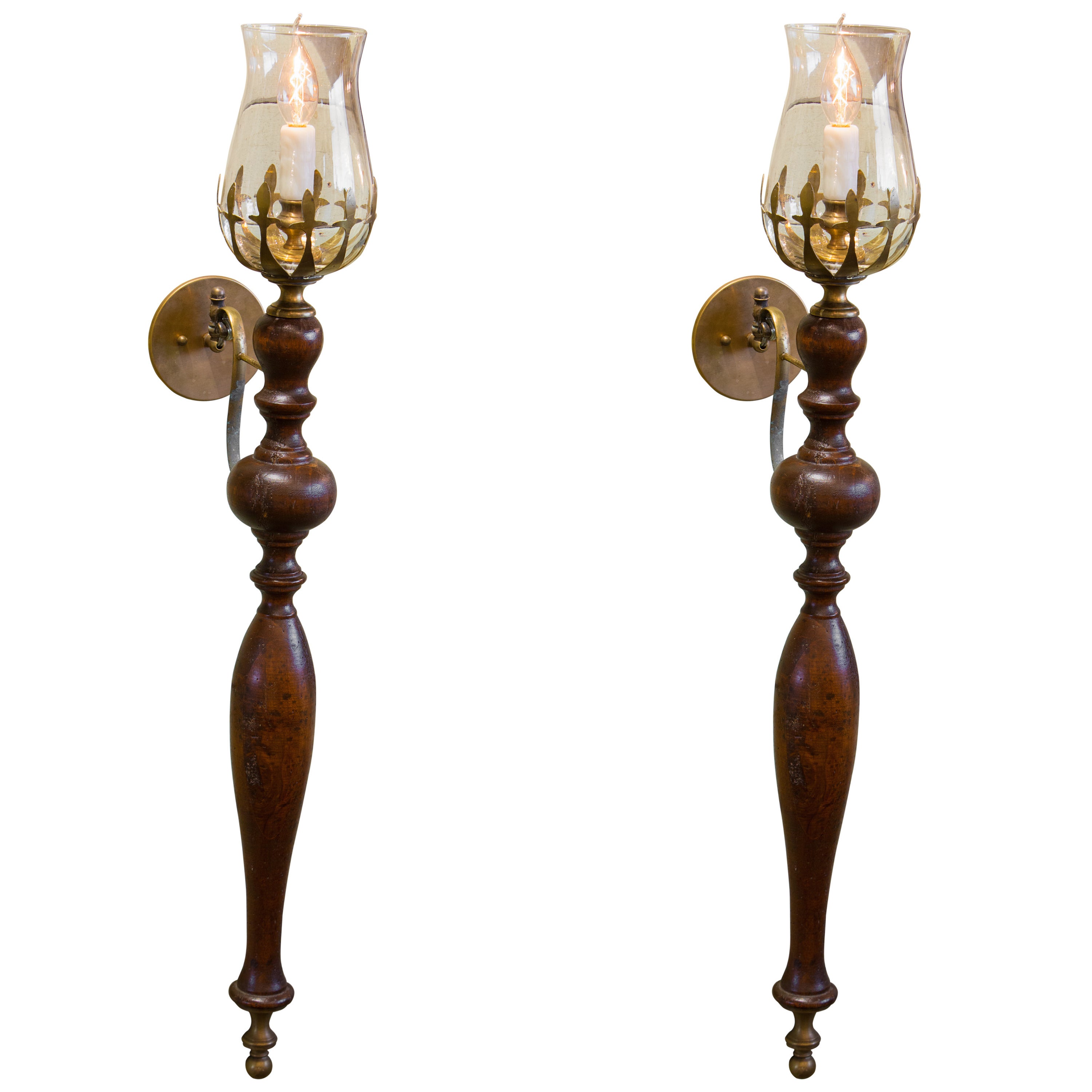 Pair of Vintage Italian Wood and Brass Sconces with Hurricanes