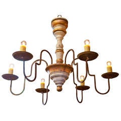 Hand-Carved Hand-Painted Wood and Iron Six Arm Chandelier