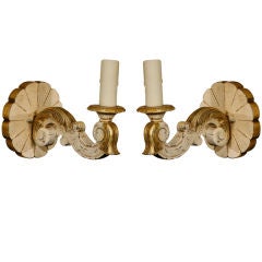 Pair carved wood painted sconces