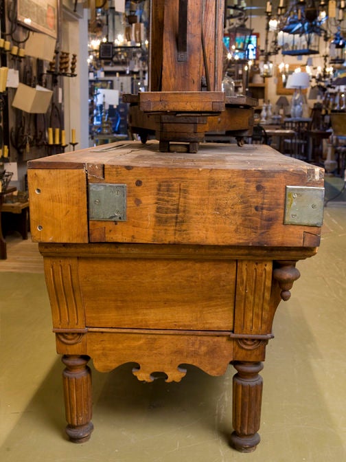 Beautiful antique Napoleon III  wood butcher block with iron drawer pulls and details.  Original condition.  Has not been over-restored.  The scale on the top is not part of it.