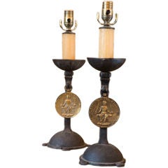 Pair of Vintage Iron Table Lamps with Neoclassical Medallions