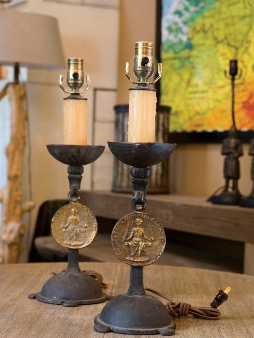 Pair of Vintage Iron Table Lamps with Neoclassical Medallions