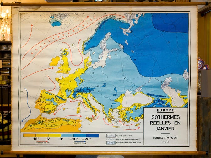 Vintage Belgian School Map of Isotherms across Europe in January 2