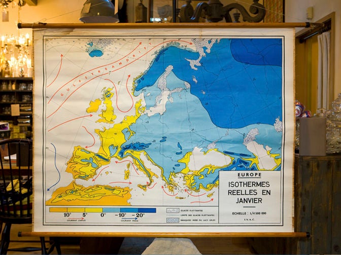 French Vintage Belgian School Map of Isotherms across Europe in January