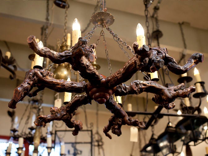 Mid-20th Century Rustic, Gnarled Belgian Root Chandelier, circa 1950