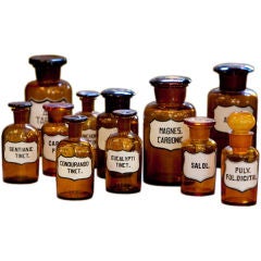 Antique Blown Glass Pharmacy Bottles with Painted Labels