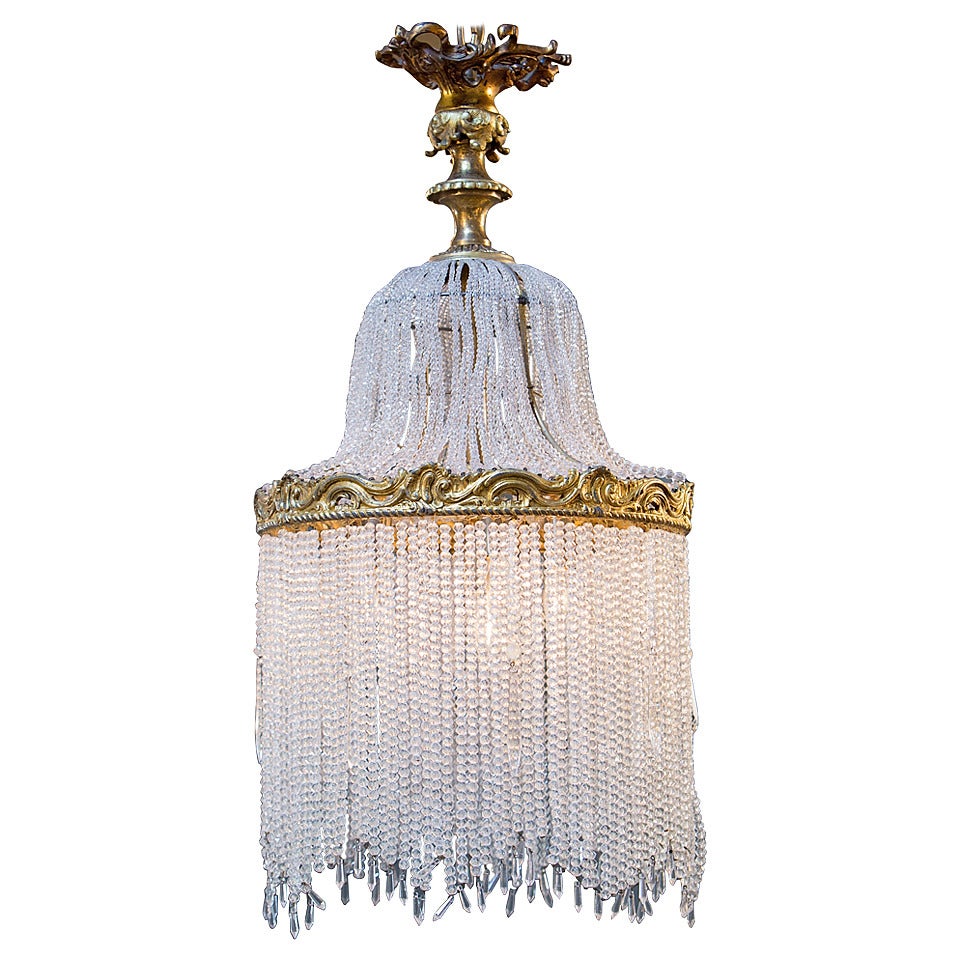Antique French Gilt of Bronze Crystal Beaded Light