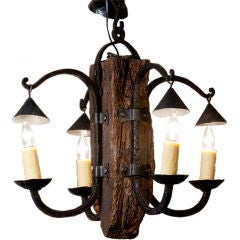 French hand-forged iron and wood rustic chandelier