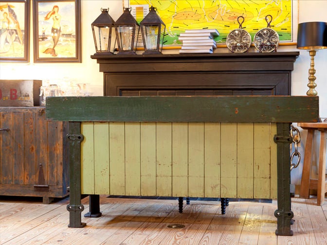 Kitchen Island or Potting Table with Zinc Top and Iron Feet Circa 1920 1