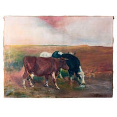 Antique Belgian Oil Painting of Three Cows
