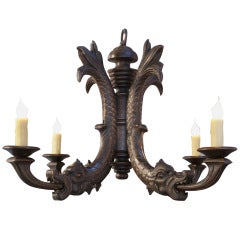 Antique Hand-Carved Wood Chandelier with Dragon Motif