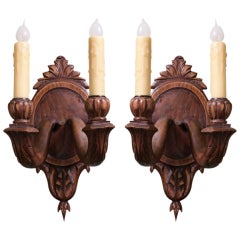 Pair of Two-Armed Hand-Carved French Oak Sconces