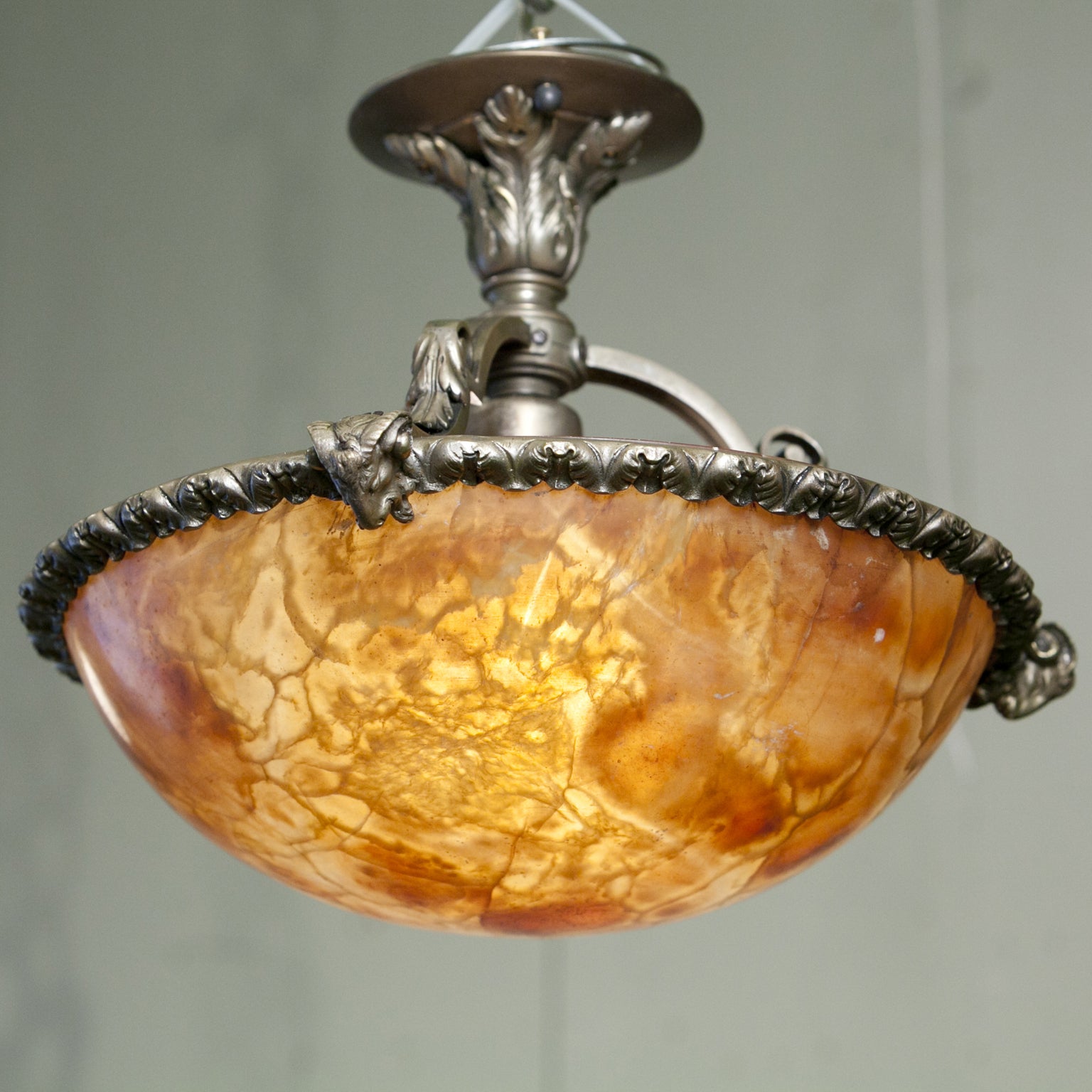French Antique  Alabaster and Bronze Pendant Light