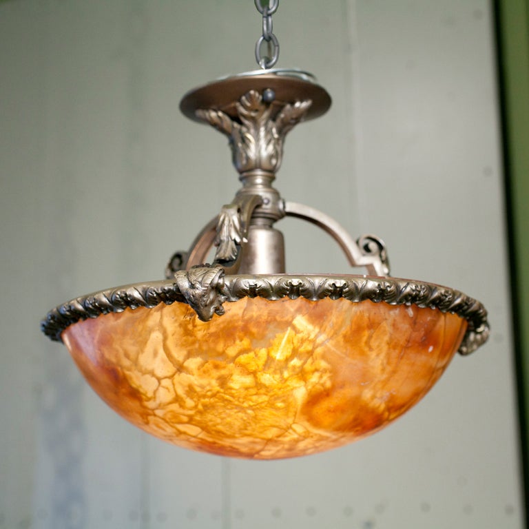 French Antique  Alabaster and Bronze Pendant Light 5