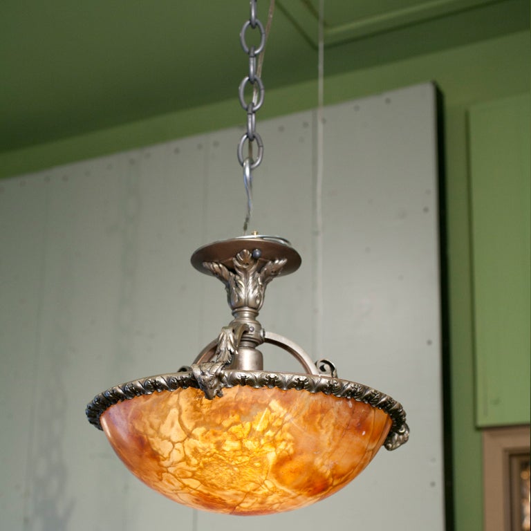 French Antique  Alabaster and Bronze Pendant Light 1