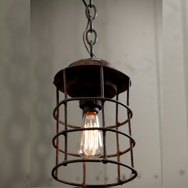  Industrial Iron Grid Factory Light from Belgium, circa 1920 In Good Condition In Houston, TX