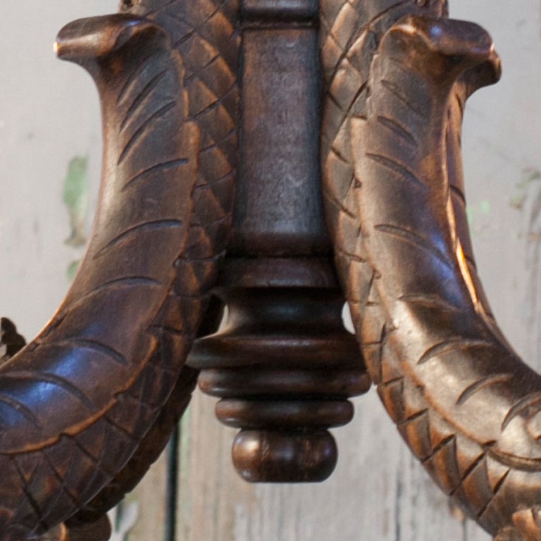 20th Century Antique Hand-Carved Wood Chandelier with Dragon Motif