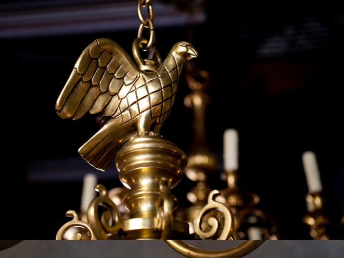 Heavy Bronze Flemish Chandelier with 8 arms and Eagle In Excellent Condition In Houston, TX