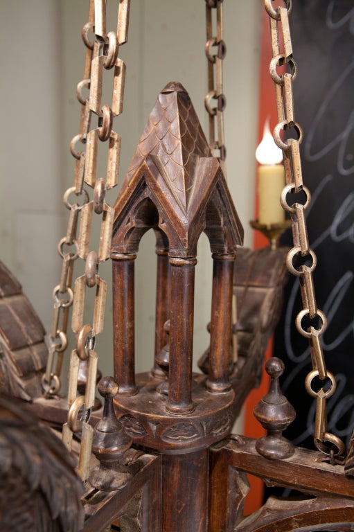 Gothic Revival Neo-Gothic carved wood chandelier with 4 lights