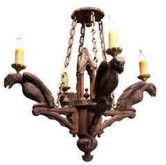 Antique Neo-Gothic carved wood chandelier with 4 lights