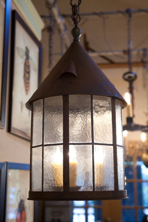 English Arts and Crafts Style Iron and Glass Chimneyed Lantern In Good Condition In Houston, TX