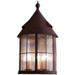 English Arts and Crafts Style Iron and Glass Chimneyed Lantern