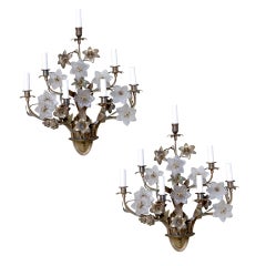 Pair French handblown glass and brass sconces