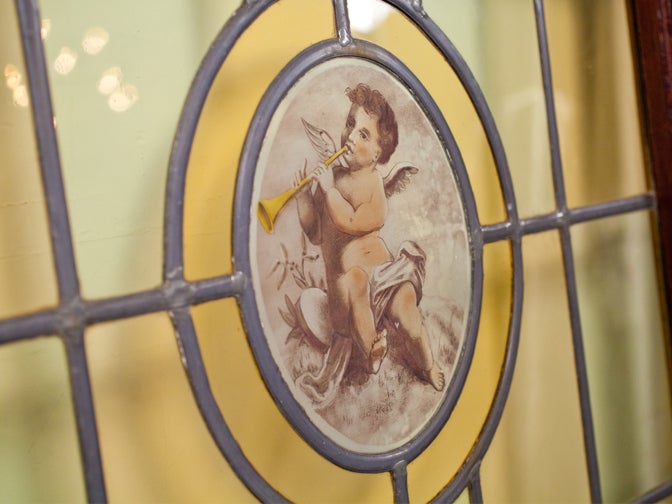 Pair Leaded Glass and Hand-painted Windows with Cherubs