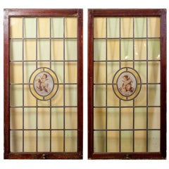 Pair Leaded Glass and Hand-painted Windows with Cherubs