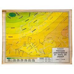 Giant Vintage Belgian Chart of Wind Currents and Atmospheric Pressure