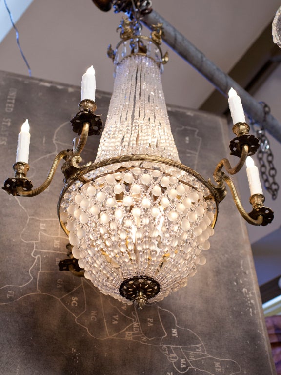 Empire Style 6-Arm Chandelier of Bronze and Frosted Glass 1