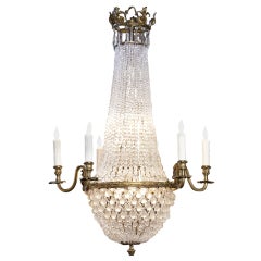 Empire Style 6-Arm Chandelier of Bronze and Frosted Glass
