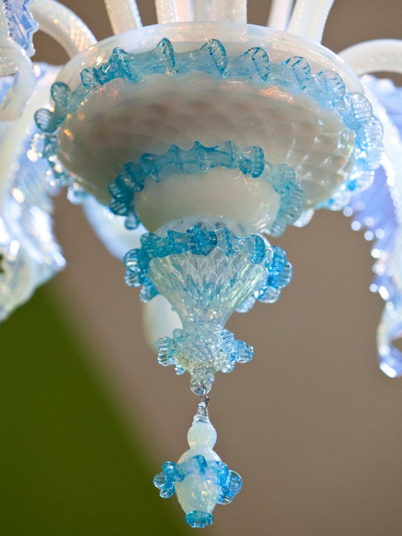 Blown Glass Turquoise and Milk Glass Murano Chandelier