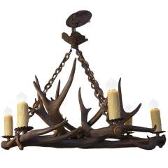 Vintage Shed Antler Chandelier with 6 Lights and Carved Horn Chain