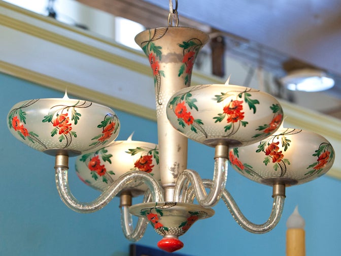 This rare, charming Art Deco era light is European with a Japanese feel. Hand-painted Poppy flowers in front of a stylized lattice ribbon are hand-painted on the frosted glass. Frosted glass bobeche and body with cut-glass arms that are a bit