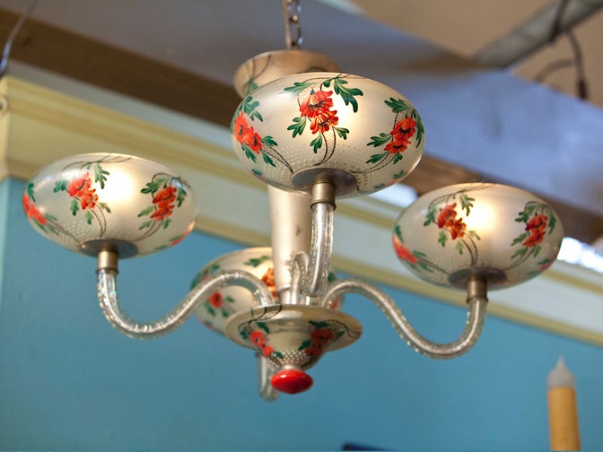 Art Deco French Hand-Painted Floral Glass Chandelier in the Japonisme Style In Good Condition In Houston, TX