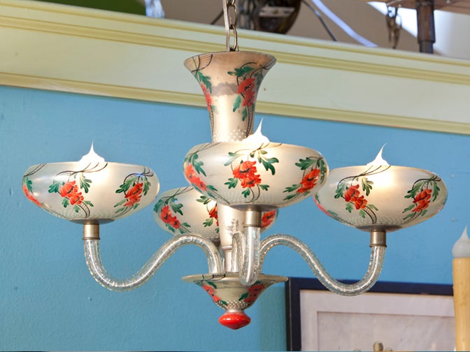 Art Deco French Hand-Painted Floral Glass Chandelier in the Japonisme Style 1