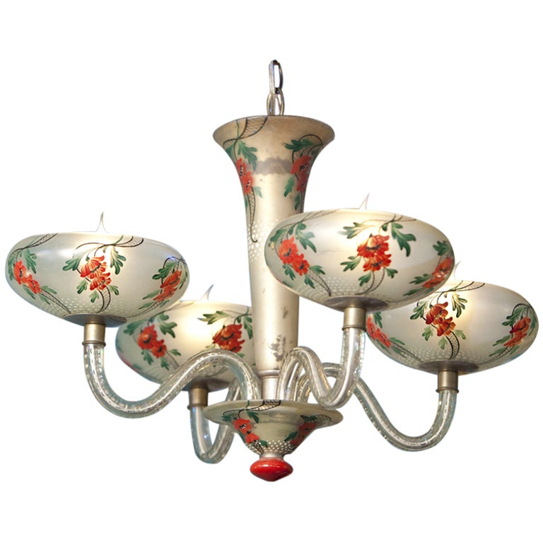 Art Deco French Hand-Painted Floral Glass Chandelier in the Japonisme Style