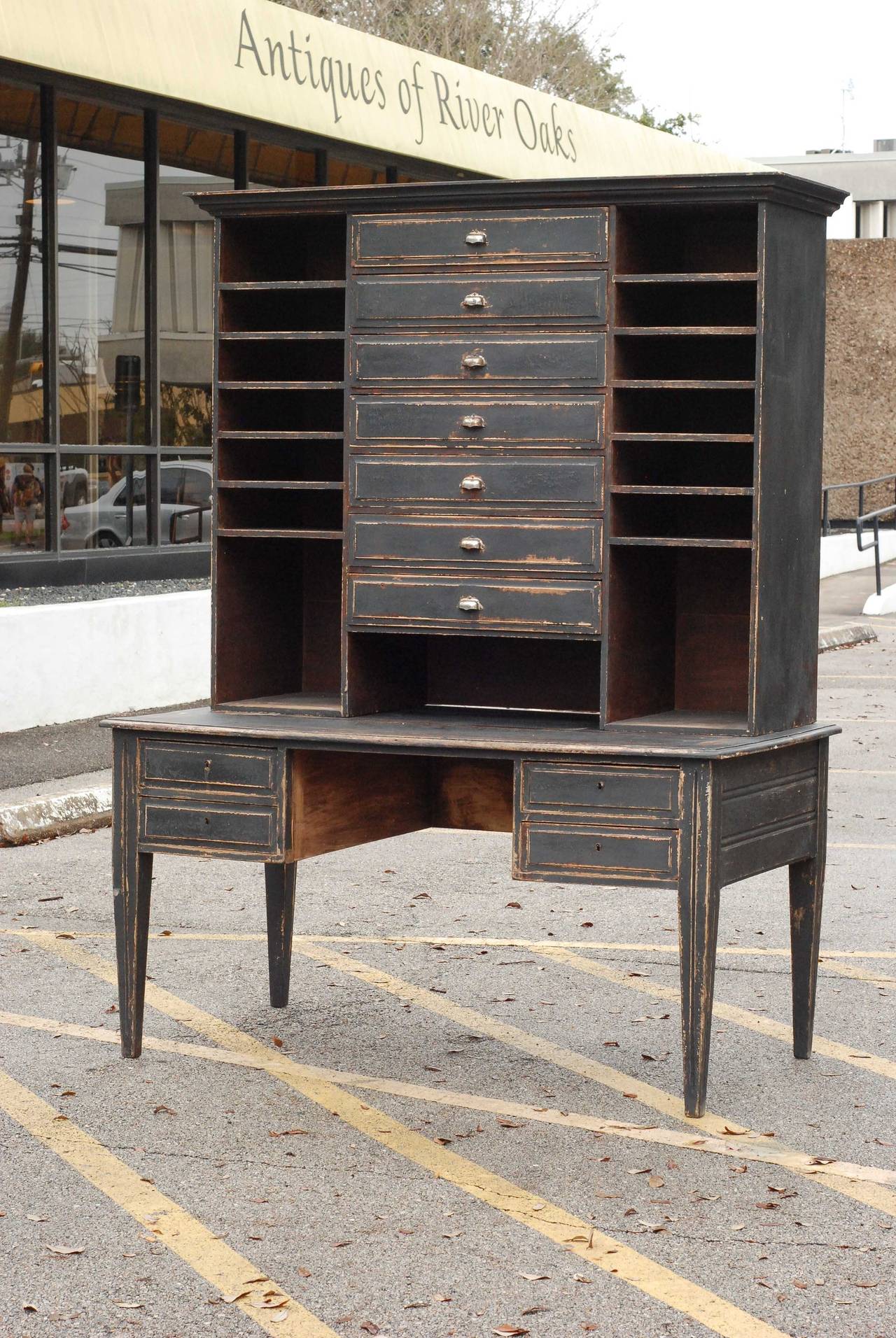 Late 19th century Napoleon III notary desk with hutch in original finish and hardware.