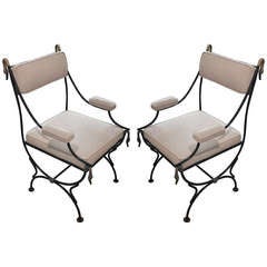 Vintage Pair of Iron Armchairs with Brass Swan Head Detail