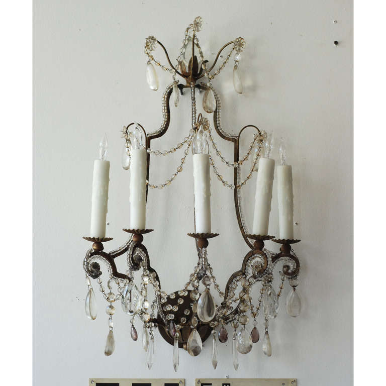 Pair of five-light crystal sconces from late 19th century, France, newly wired.