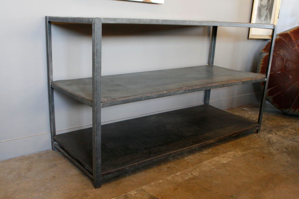 Vintage 3 tier steel factory shelving, French.