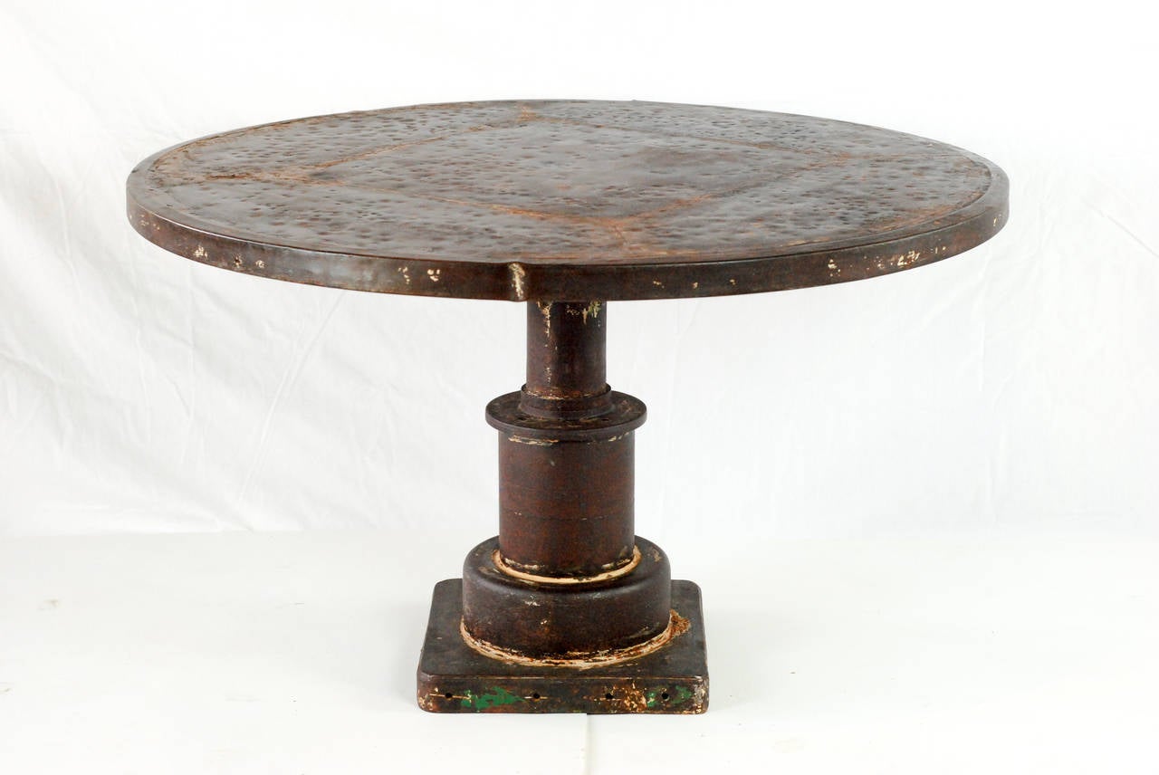 Recently stripped vintage round French Industrial steel table.
