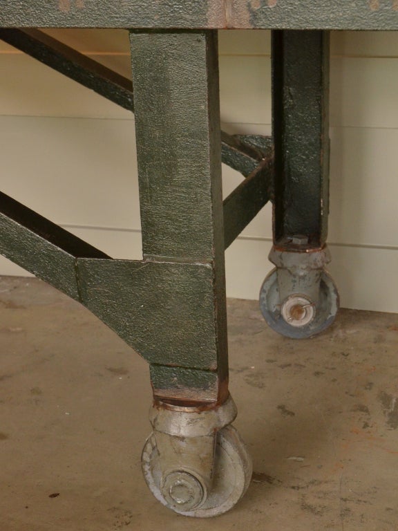 vintage industrial table, French, steel framework, wood top