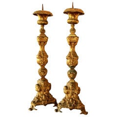Antique Pair Of Brass Candle Prickets