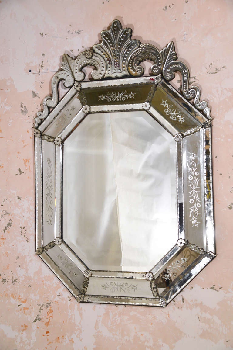 Octagonal Venetian Mirror with Top Crown and Etched Flowers.