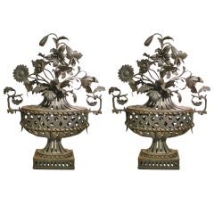 Extraodinary Pair of 1930's French Tole Urns with Flowers